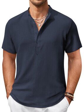 Men's Navy Blue Casual Henley Shirt Short Sleeve Linen Beach Summer Tops